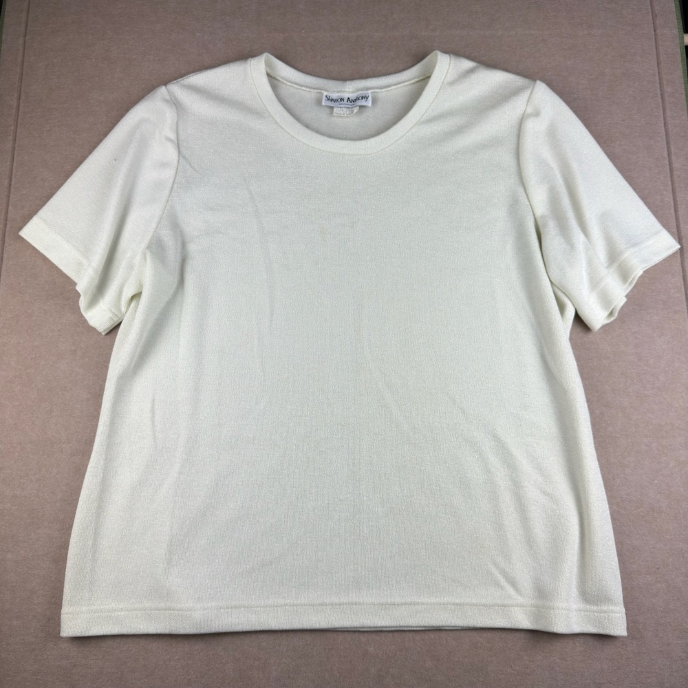 Vintage Sharon Anthony Women 2X Ivory Knit Tee Shirt‎ Made USA 90s